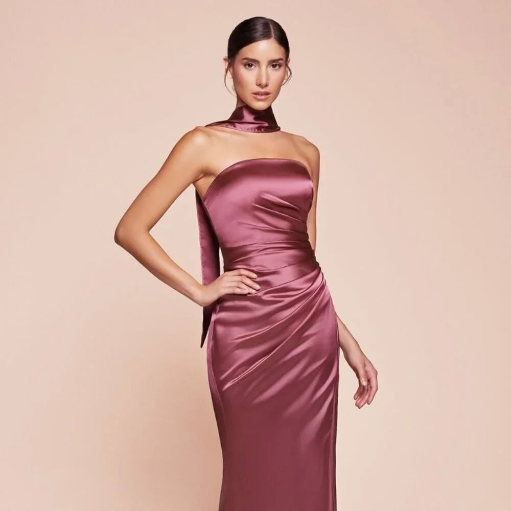 NEW FORMAL STRAPLESS SHEATH SATIN DRESS W/ STRAIGHT ACROSS NECK & SASH 7451